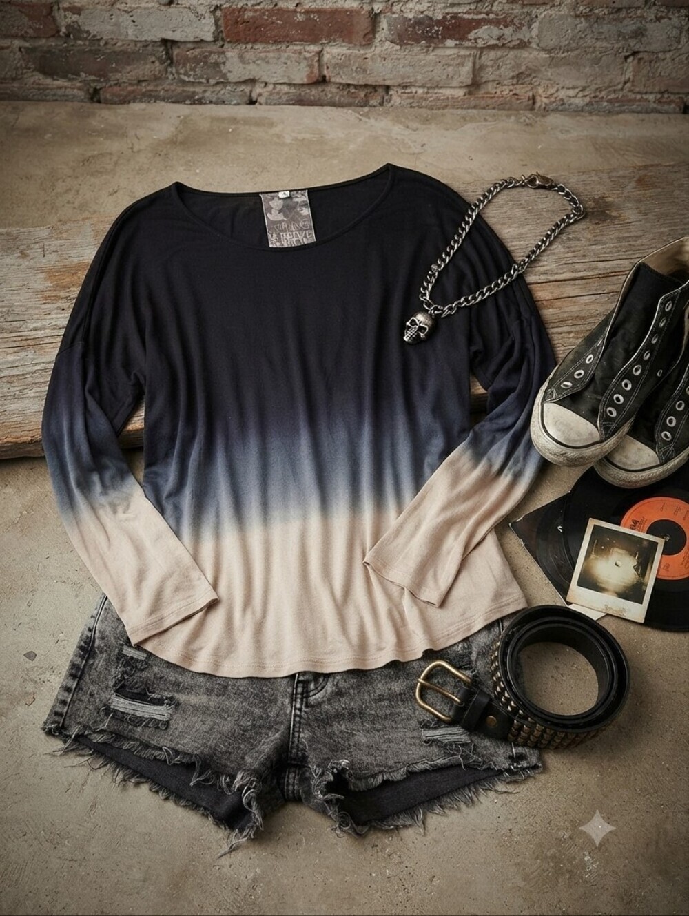 Young, Fabulous & Broke Black Gray Tan Gradient Long Sleeve Top